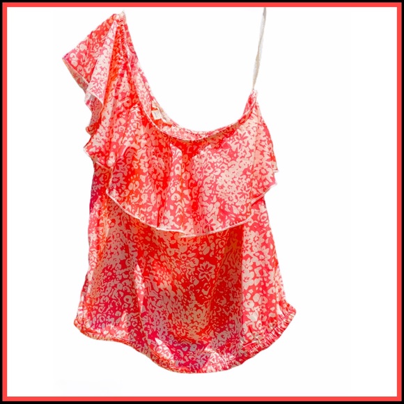 Worn 1x AMERICAN EAGLE O Coral One-Shoulder Blouse - Picture 2 of 3